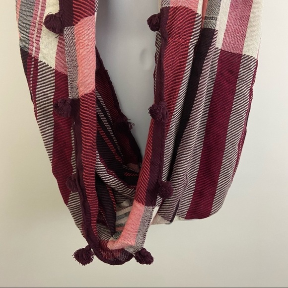 LOFT Red White Plaid Pom Pom Infinity Wrap Scarf - Picture 3 of 12
